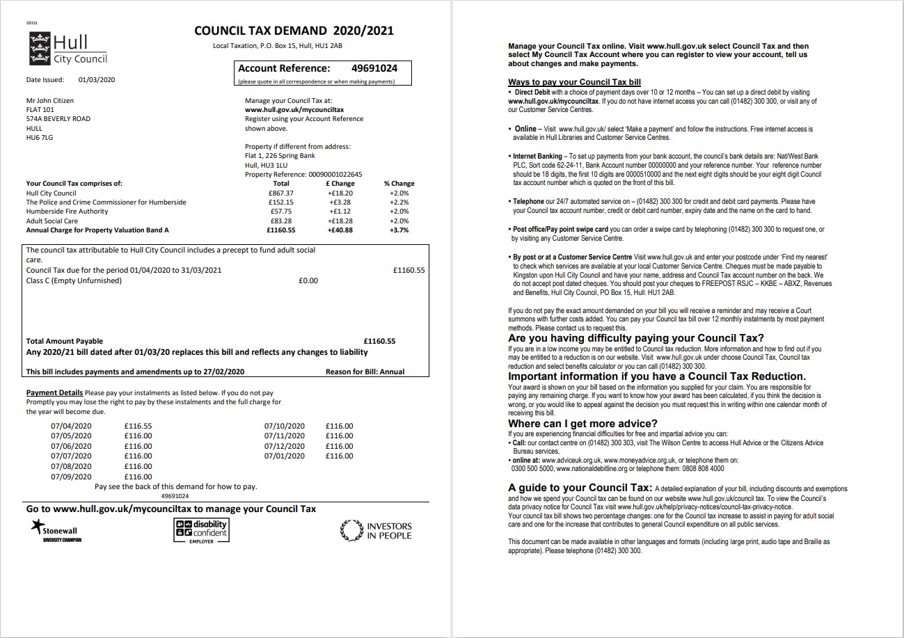 United Kingdom Hull City Council utility bill template in Word and PDF format, 2 pages